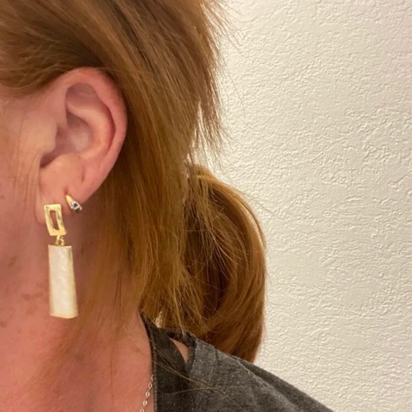 Geometric Rectangular White & Gold Drop Earrings | Minimalist Statement Jewelry - Picture 5 of 16